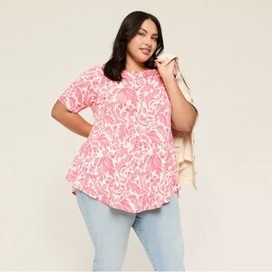 Lane Bryant Pink and White Floral Max Swing Perfect Sleeve Boat Neck